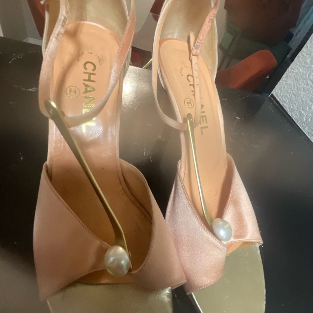 CHANEL Blush Satin Heels with Pearl Accent